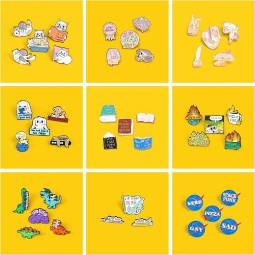 Fashion Cartoon Books Metal Enamel Custom Overthinking Rooches Cute Book Lover Animals Badge Bag Clothes Lapel Pins Jewelry Gift