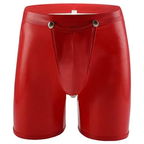 Mens Long Sex Faux Leather Boxer Low Waists Button Open Front And Back Underwear Pouch Separation Hollow Out Leather Underpants