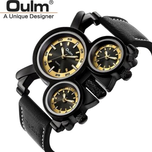 Oulm Wrist Watch 1167 Black Punk Style Men Quartz Clock Unique Design 3 Time Zone Watches Genuine Leather Sport Male Wristwatch