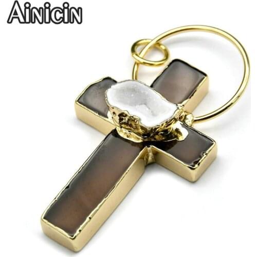 Natural Agate Cross With Druzy Crystal Paved Pendents New Arrival Gold Plating Geode Drusy Stone Pendant For Jewelry Making