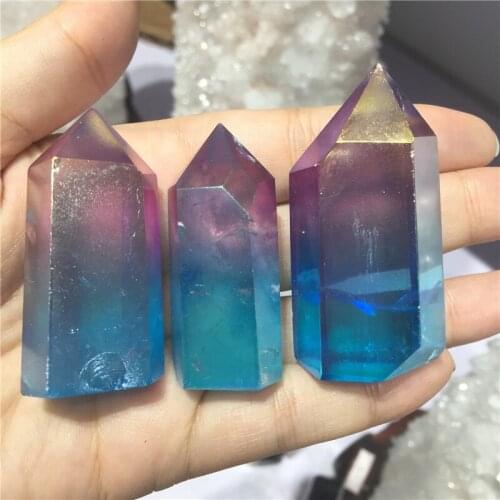 Natural crystal quartz crystal specimen obelisk quartz double color crystal wand point electroplating aura Titanium coating 1pc