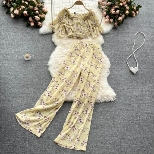 New Women Summer Seaside Vacation Bohemian Floral Chiffon Two Piece Set Sexy Crop Top + High Waist Wide Leg Long Pants