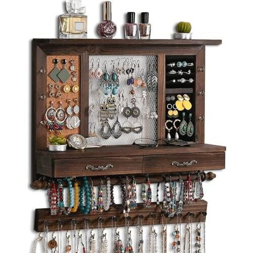 Kili Jewelry Organizer Wall Mounted Jewelry Organizer Mesh Rustic Hanging Jewelry Holder for Earrings Necklaces with Drawer