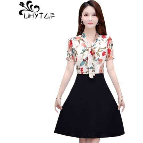 UHYTGF Elegant mother summer dresses fashion V-neck short sleeve chiffon dress women printing stitching mini dress plus size 973