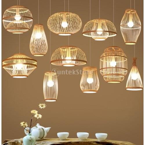 Natural Bamboo Wicker Lantern Pendant Light Fixture Chinese Style Hanging Ceiling Lantern Lamp Decorative Lampshades