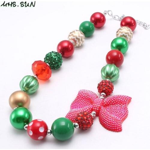 MHS.SUN Christmas Style Child Beads Necklace Girls Chunky Bubblegum Necklace With Big Bow Festival Beaded Jewelry For Gifts