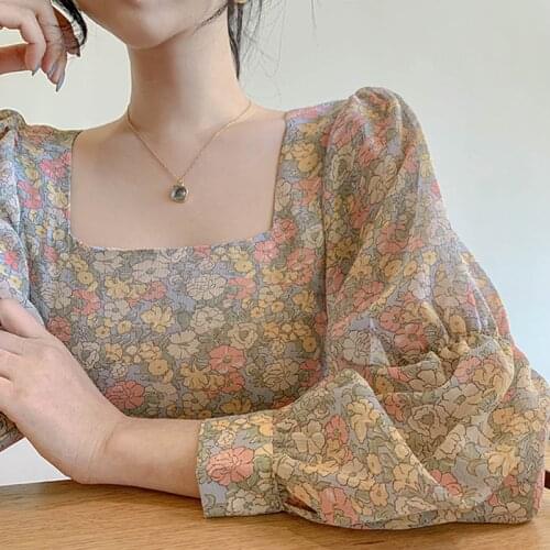 Square Neck Top Floral Blouse Chiffon Lantern Long Sleeve Blusas Elegante Mujer De Moda 2020 Korean Fashion Clothing Vintage