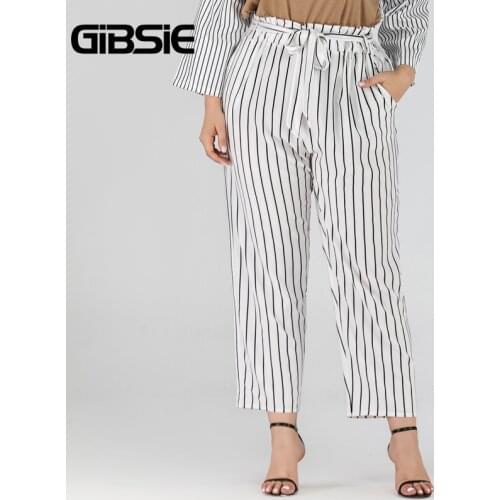 GIBSIE Plus Size Trousers For Women Summer Striped Belted Pants Elegant Office Ladies Pocket High Waist Pants Casual Workwear
