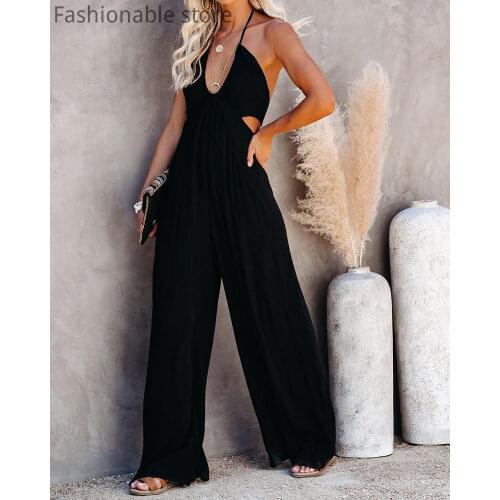 Women Sexy Casual Halter Cut Out Rompers Summer Open Back Lace-up Black Wide Leg Jumpsuits