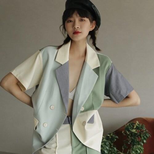 Summer Blazer Women Coat Short Sleeve Color Block Green Double Breasted Suit Jacket Korean 2021 New Fashion Casual Female Pants