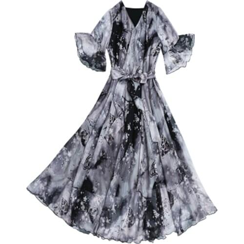 New Womens long Dress Loose Plus Size Female Chiffon Dresses 2021 Summer Dress Floral Ink Painting Vintage Lady Vestido V-Neck