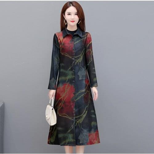 Womens Autumn Printing Coat Fashion Thin Long Windbreaker Retro Single breasted Ladies Trench Coat Plus Size 6XL