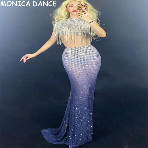 Women Nightclub Sexy Sparkly Gemstone Mesh Tassel Strech Dress Womens Birthday Prom Outfit Bar Evening Dancer Fringes Dress