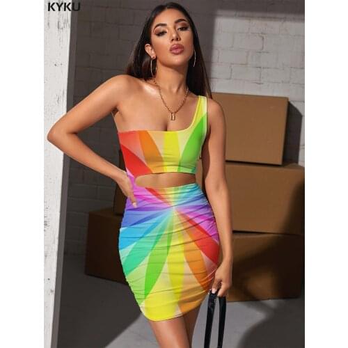 KYKU Brand Dizziness Dress Women Colorful Hollow out Dresses Rainbow Vestido Sexy Art Halter Sleeveless Womens Clothing Party