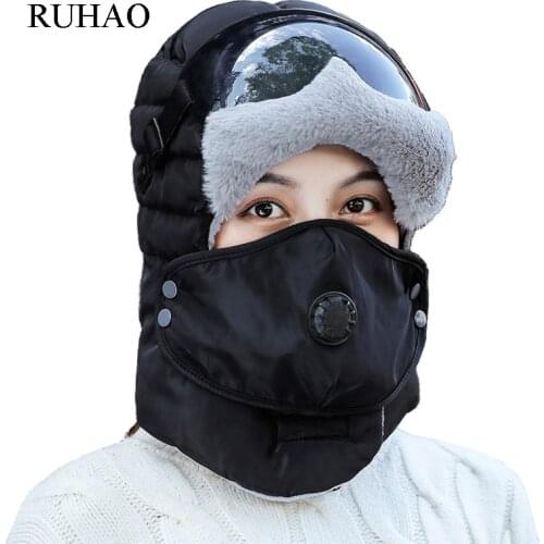 RUHAO Winter Warm Lei Feng Hat for women Protect Ears Hat men Winter Hat Ears Wind-proof Glasses Warm adult bomber Hats