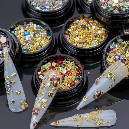 1 Jar 3D Nail Rhinestones Mixed Color Crystal Stone Nail art Decoration Leaf Mini Beads Metal Rivet Nail Accessories DIY Decor