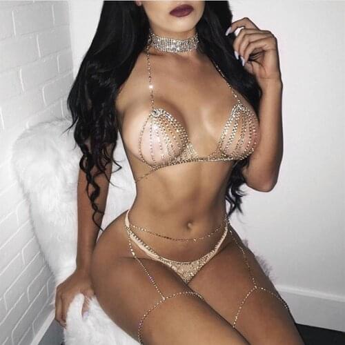 3pcs/set Sexy Rhinestone Body Chain Bra and Thong for Women Night Club Luxury Crystal Garter Thigh Chain Body Jewelry Underwear