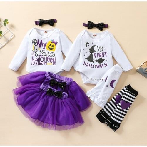 My 1st Halloween Newborn Baby Girl Long Sleeve Cotton Bodysuit Tops Tutu Skirt Headband Leg Warmer 4PCS Holiday Clothes Set