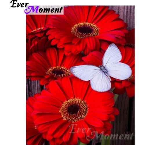 Ever Moment DIY Diamond Cross Stitch Red Flowers and Butterfly Diamond Mosaic Full Square Drills Home Decoration Artwork ASF1109