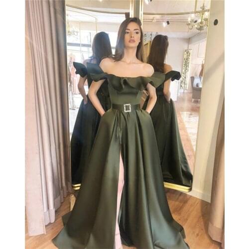 Satin Off Shoulder Prom Dresses With Pockets Long High Split Sleeveless Corset Back Formal Evening Party Gowns Robe De Soiree