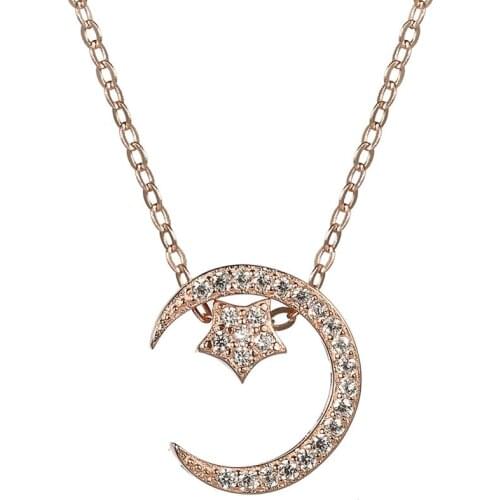 Eulonvan Luxury 925 Sterling Silver Moon Star Gold Color Choker Chain Pendant Necklace Dropshipping White Cubic Zirconia S-A598