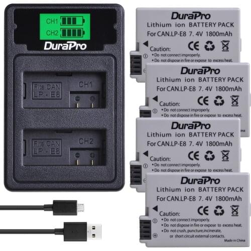 DuraPro 1800mAh LP-E8 LP E8 Li-ion Camera Battery + LCD Dual USB Charger with Type C Cable For Canon EOS 550D 600D 650D 700D