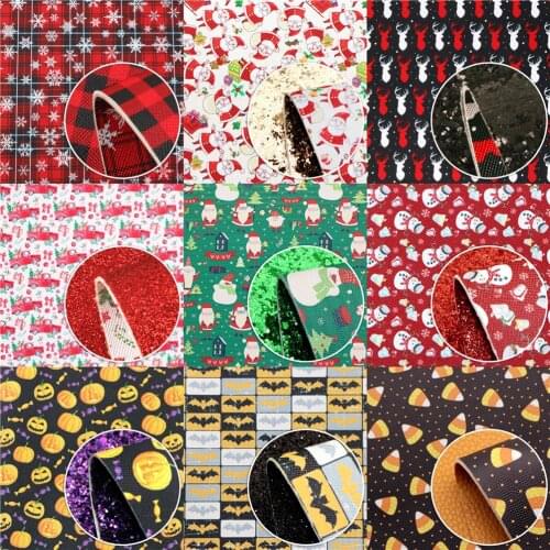 Double Sided Chunky Glitter Printed Faux Leather Sheets Christmas Halloween Synthetic Leather Fabric 20x33cm for DIY Hair Bows