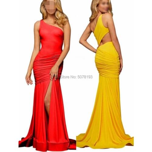 Elegant one-shoulder open back sleeveless mermaid spandex long evening dress slit to the thigh free shipping