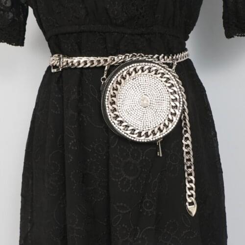 Brand European Adjustable Waist Chain Belt with Coin Bag Women Bling Circular Rhinestone Chest Bag Purse Money Fanny Packs 2021