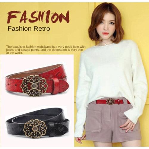 Classic Retro Womens Leather Waistband Work Leisure Versatile Style Flower Pattern Buckle Womens Belt Jeans Leather Belt Female