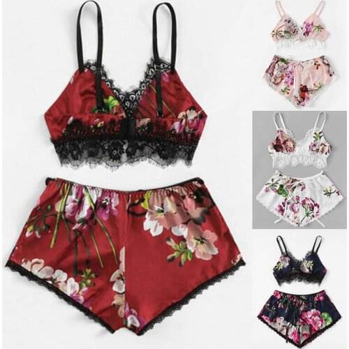 2Pcs Womens Sexy Lingerie Satin Sets Summer Sleeveless Floral Crop Tops Shorts Sexy Sleepwear Babydoll Nightdress Pajamas Set