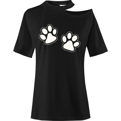 Summer Cotton Blusas Women Dog Footprint Printed T Shirt Kawaii Girls Casual Short Sleeve Tee Shirt Off Shoulder Camiseta Mujer