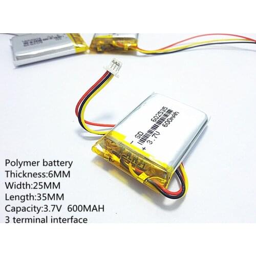 Li-po 3 line 3pin connector 3.7V thium polymer battery 602535 600MAH the video recorder 388