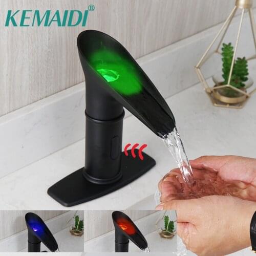 KEMAIDI Matte Black Bathroom Sink Faucet Solid Brass Basin Sink Mixer Waterfall Automatic Sensor Faucets Hand Touchless Mixer