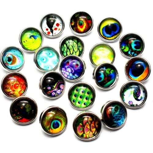 Mixs 10pcs/lot 12mm Snap Buttons Colorful Peacock Feathers Animal Small Glass Snap Charms Fit DIY Snap Bracelet Necklace Jewelry