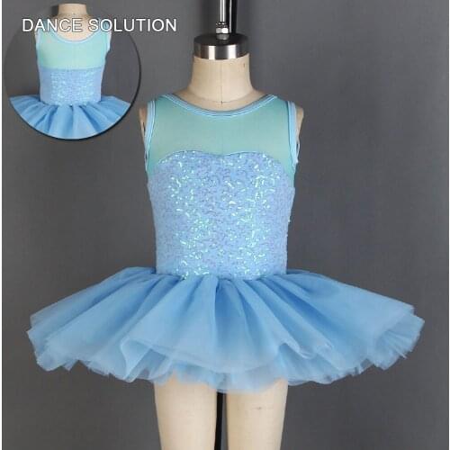 New Sky Blue Ballet Dance Tutu Sequin Mesh Bodice Ballet Dancing Skirt Child & Kid Stage Show Costumes Sparking Dress 20054