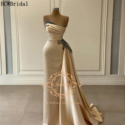 New Strapless Champagne Long Evening Dress Black Crystal Pleat Satin Sexy Prom Gown Plus Size Women Formal Occasion Dresses