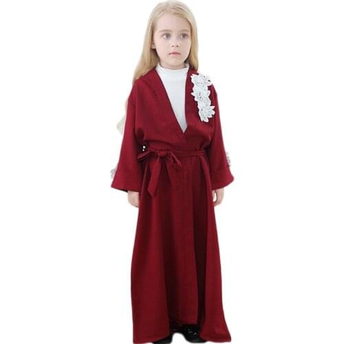 Open Kimono Muslim Girls Kids Child Red Abaya Islamic Middle East Arab Dubai Long Dress Cardigan Kaftan Turkish Appliques Robe
