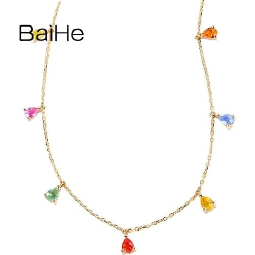BAIHE Solid 18K Yellow Gold 1.2ct Colour sapphirs Necklaces for Women Wedding gift Trendy Fine Jewelry real Gold Necklace