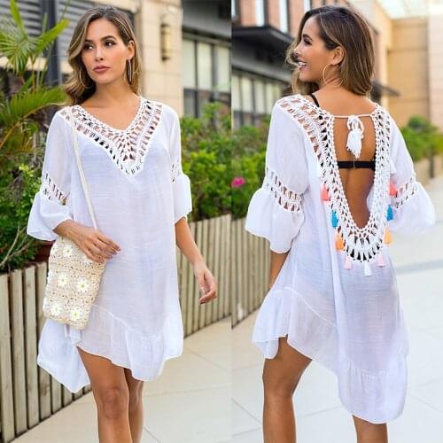 2021 Summer New Sexy Backless Stitching Fringed Beach Tops Seaside Vacation Sun Protection Clothing