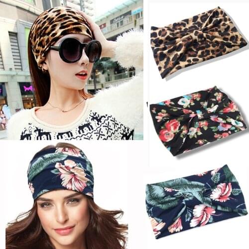 Boho Wide Cotton Headband Turban Women Sports Yoga Knotted Hairband Leopard Floral Printed Hair Accessories Solid Color Headwear