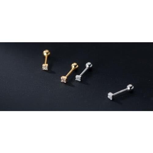 2mm very Tinny Authentic 925 Sterling Silver Jewelry 4A+ CZ Square & Bead spiral ear stud Earrings Piercing C-G9747