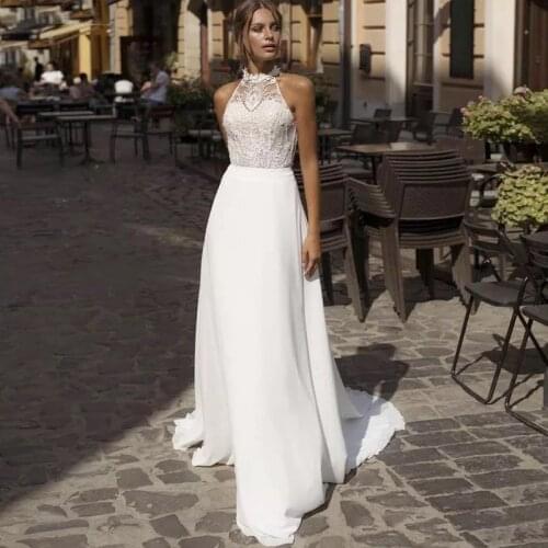 Chiffon Halter Wedding Dresses 2021 A-Line Sleeveless Lace Appliques Sweep Train Cheap Civil Long Bridal Gown Sexy Open Back