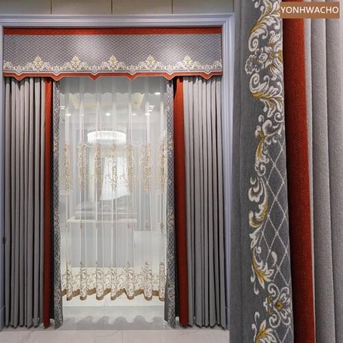 Custom curtain American embroidery bedroom chenille seamless stitching grey cloth blackout curtain valance tulle drape C831