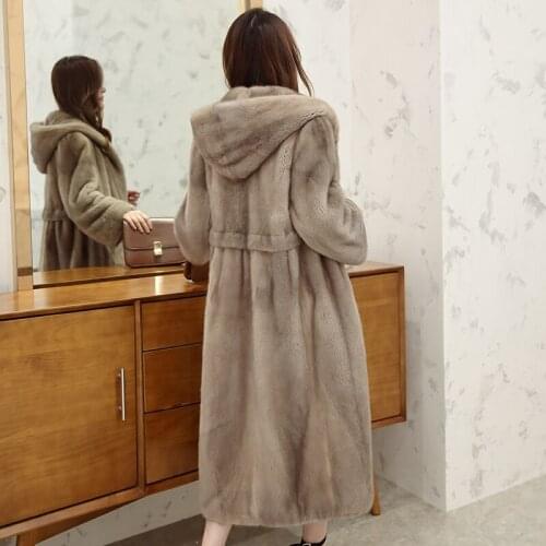 100cm long imported mink fur coat womens winter 2018 new full mink coat x-long large plus size hooded outerwear trench coat