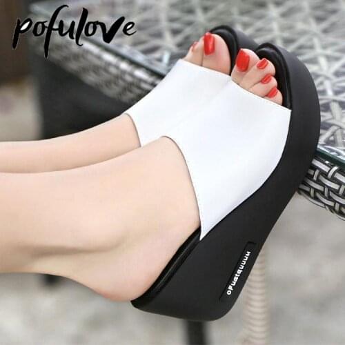 Pofulove Women Platform Wedges Slippers PU Leather Summer Shoes Fish Mouth Sandals Thick Slides Fashion Casual Non Slip Zapatos