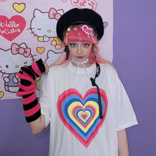 Japanese Harajuku rainbow love sweet print loose Tuku round neck top short sleeve T-shirts tees