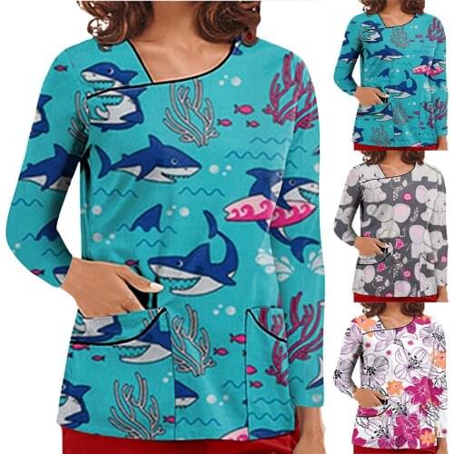 Cartoon Animals Nurse Uniform Woman Long Sleeve V-neck Nursing Clothes Dentistry Clinical Working Uniforms T-shirt Care Overalls