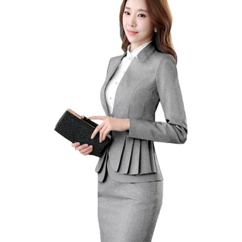 Woman Skirt Jacket Tailleur Femme Jupe et veste elegant Full Sleeve Ruffle Blazer+Skirt 2 Pieces Work Office Skirt Suits HYM267