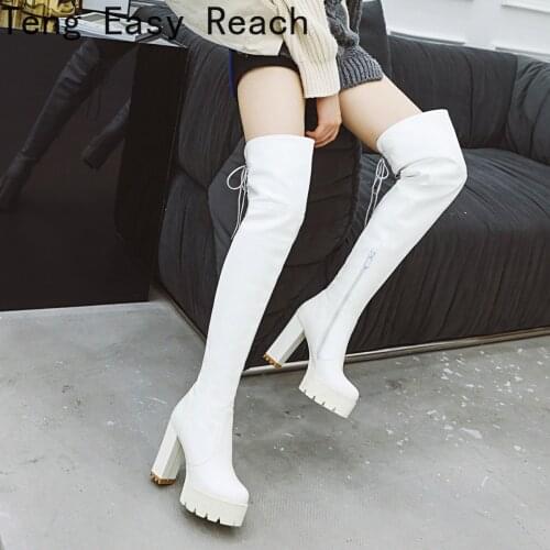 Women Platform Chunky High Heel Over The Knee Boots Side Zipper Winter Warm Thigh Boots Fashion Woman Shoes White Black